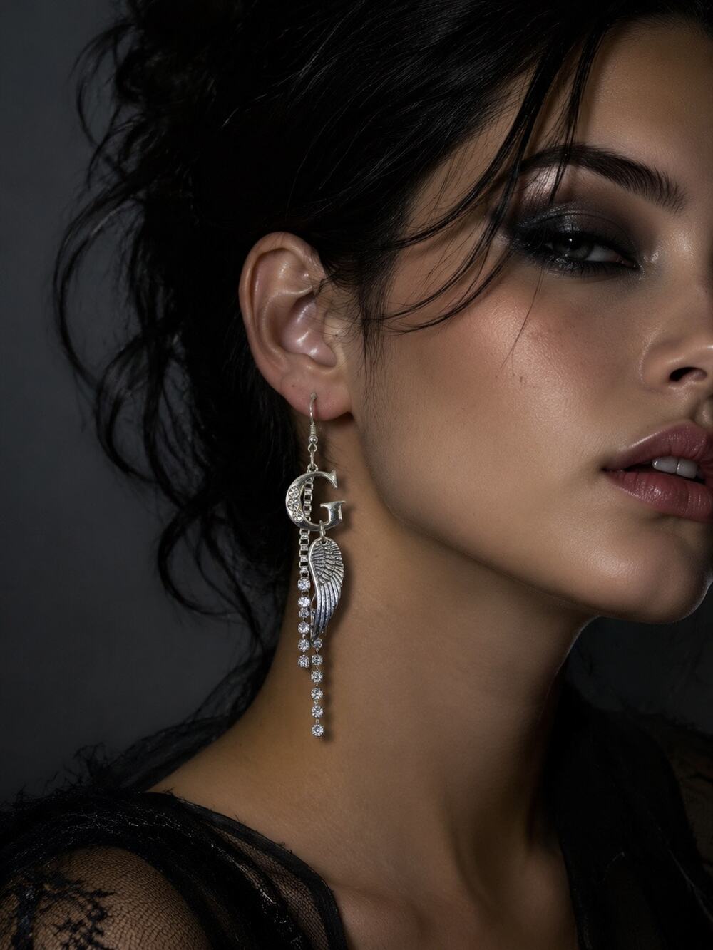 GUESS Silver Tone Rhinestone G Angel Wing Long Dangle Statement Earrings